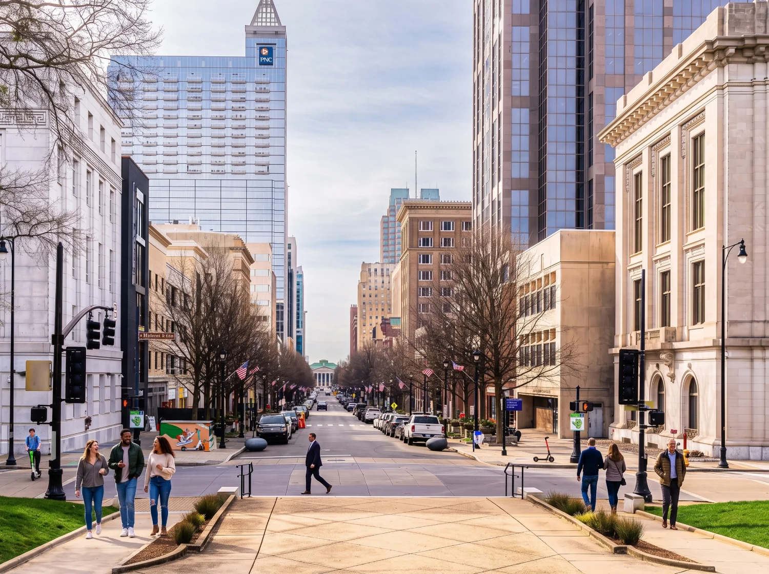 Attendees walking down a downtown Raleigh street toward the convention center, with the round tower's skyline beyond